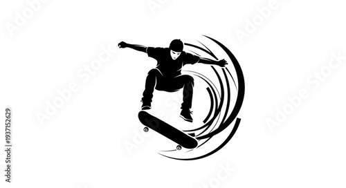 Skateboarder performing a trick with dynamic motion and artistic flair, black and white.