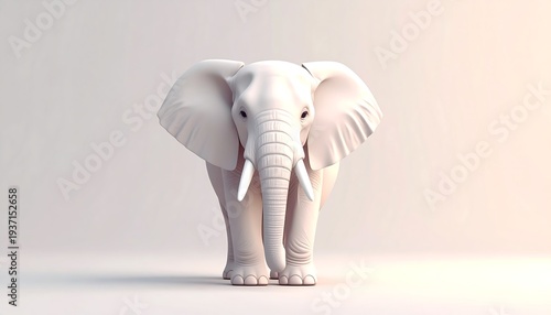 A white elephant stands with large ears and long tusks against a bright neutral background