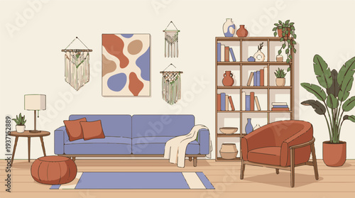 Cozy modern living room interior with plants, sofa, bookshelf, and decor