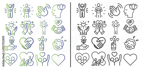 Support, gratitude and community icon set with helping hands, hearts and family symbols in Colorful editable gradient and black outline styles
