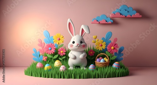 Easter bunny in a colorful floral setting with eggs
