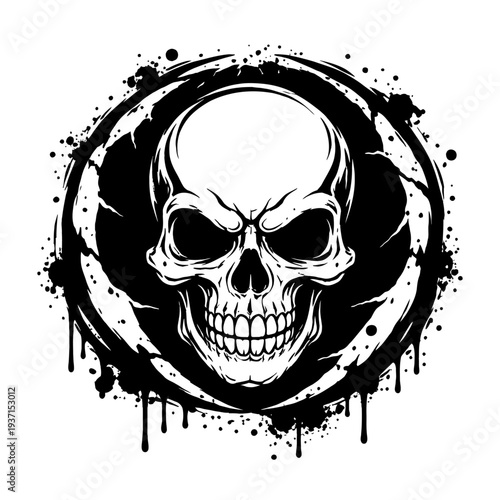 Fierce black and white vector skull with prominent teeth and hollow eyes, set in distressed circular grunge frame with dynamic ink splatters and paint drips. Iconic edgy graphic for dark apparel, tatt