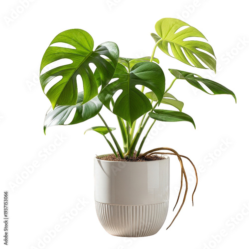 Lush Monstera deliciosa plant in modern white ceramic pot for home decor