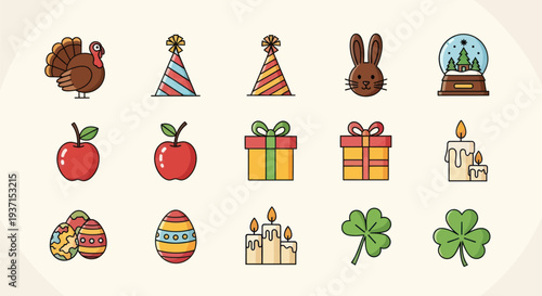 Holiday icons turkey gifts apples eggs