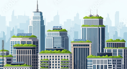Modern Cityscape with Tall Skyscrapers and Green Rooftop Gardens.