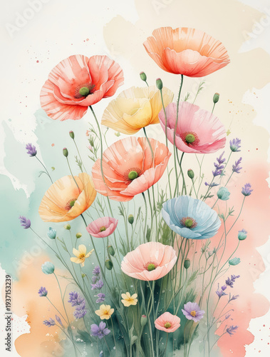 Vector illustration of red poppy flowers blooming in a spring meadow field with grass and sky suitable for floral design wallpaper or greeting card