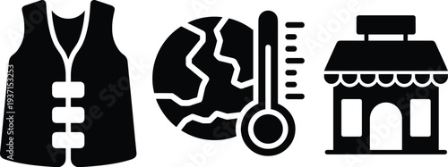 Set of 3 flat black vest global warming and shop building vector icons