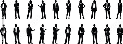 Collection of professional business men and women silhouettes in various standing poses wearing suits and formal office attire vector