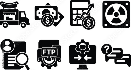 Set of 8 flat black hot dog truck cash money and radiation sign vector icons