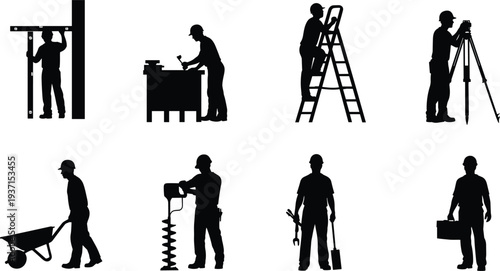 Construction Worker Silhouette Set Vector Illustration Builder with Tools Ladder Wheelbarrow Survey Equipment Industrial Labor Collection Isolated Black Design