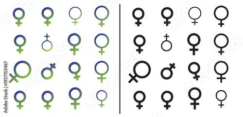 female gender symbol icon set vector illustration, feminism equality women design gradient and line icon set