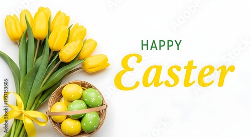Happy easter greeting with tulips and easter eggs