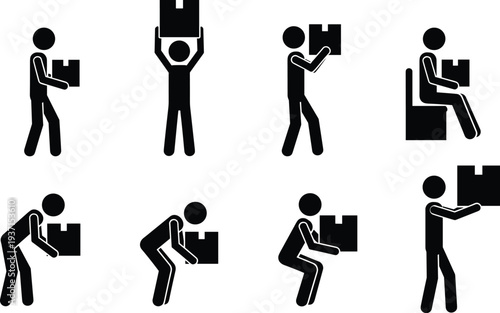 Man lifting and carrying heavy cardboard box icon set showing correct posture, delivery service, warehouse logistics, moving house, and manual handling stick figure vector illustrations.