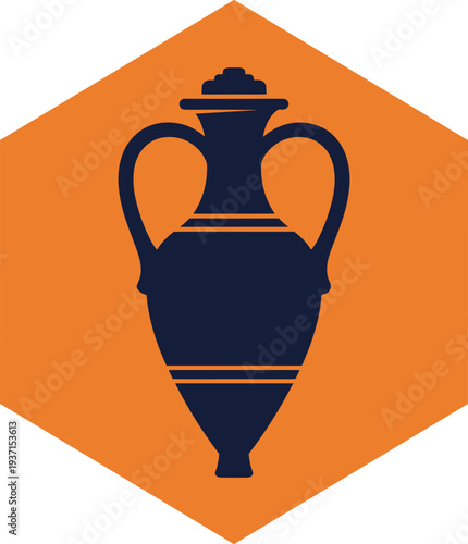 Ancient amphora vase icon inside hexagon geometric badge modern greek pottery symbol minimal vector illustration for history and classic design
