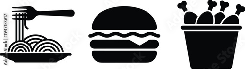 Food icons in black silhouette on transparent background