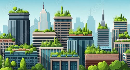 Modern Cityscape with Green Rooftop Gardens and Skyscrapers.