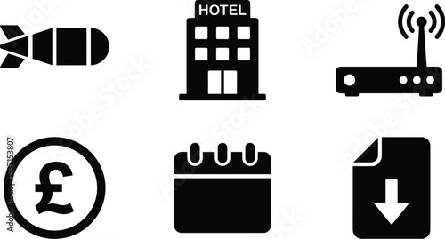 Set of 6 simple black vector icons such as bomb, hotel, wifi router, pound