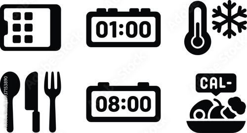 Set of icons related to food, time, and temperature management on transparent background