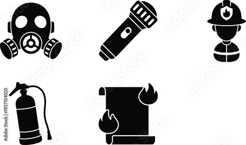 Gas mask flashlight firefighter extinguisher and scroll icons on transparent background