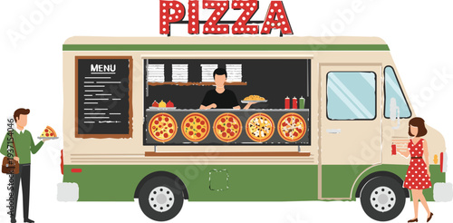 Pizza Food Truck Street Vendor Cartoon Vector Illustration of Mobile Fast Food Van Serving Fresh Pizza to Customers