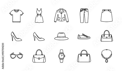 A collection of fashion icons and accessories in a minimalist line art style