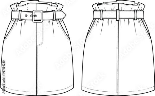 High waist paperbag skirt technical fashion illustration, flat vector CAD drawing with belt, front and back view
