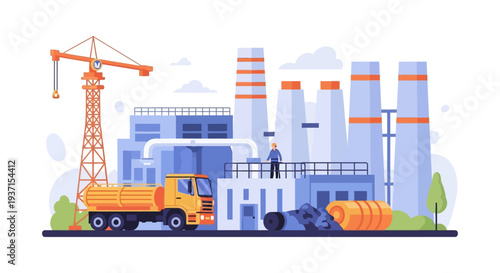 Industrial Complex Landscape with Factory, Crane, Tanker Truck, and Worker. Flat Design Vector Illustration of Manufacturing and Production