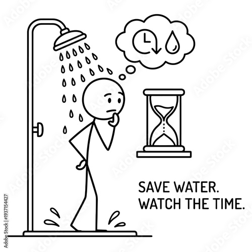 Person thinking about saving water and watching time while showering  