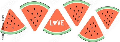 Cute Watermelon Slice Icon Set with Love Text Featuring Fresh Summer Watermelon Wedges for Fruit Design, Healthy Food Illustration and Seasonal Graphics