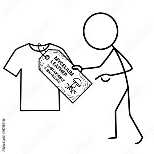 Stick figure examining sustainable mushroom leather clothing tag  
