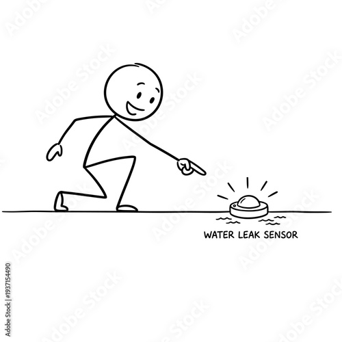 Stick figure pointing at water leak sensor in home environment  