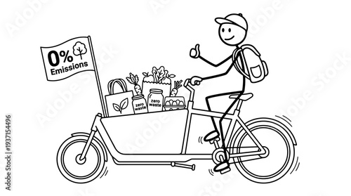 Stick figure riding zero-emission cargo bike for grocery delivery  