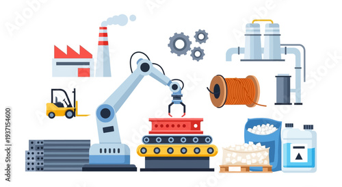 Industrial Production & Factory Automation Icons Set. Manufacturing Process, Robotic Arm, Conveyor Belt, Forklift, Raw Materials in Modern Plant