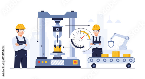 Engineers monitoring quality control, product testing, and automated production processes in a modern factory setting. Industrial manufacturing illustration.