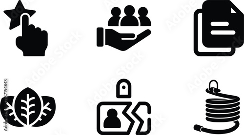 Star rating, customer care, document files, organic leaves, broken id card, garden hose