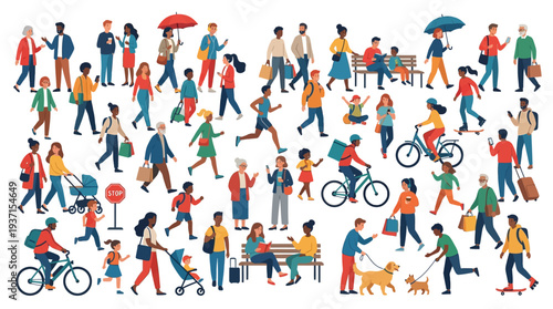 Diverse group of people engaging in various daily activities.