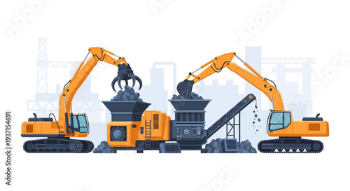 Industrial Mining & Quarry Operations: Heavy Equipment Excavators, Rock Crusher, and Conveyor Belt System Vector Illustration