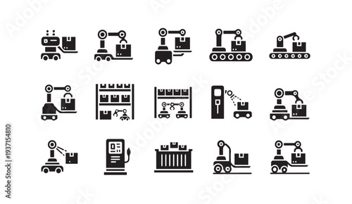 Industrial automation robotic machinery icons set