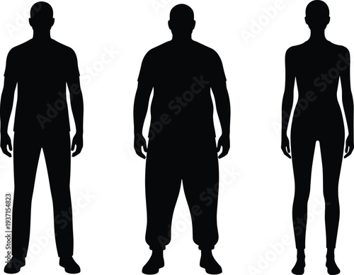 Full length front view silhouette of diverse men and women with different body types and sizes isolated on white background