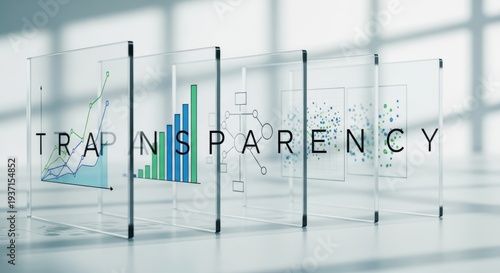 Word transparency displayed on glass panels with various data graphs. Concept of explainable artificial intelligence for business analytics.