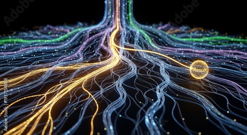 Network of fiber optic cables showing data flow to a result sphere. Artificial intelligence and machine learning visualization for complex data processing.