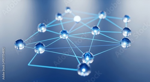 Connected spheres forming a network on a blue background. Concept of artificial intelligence agent and explainable AI for technology.