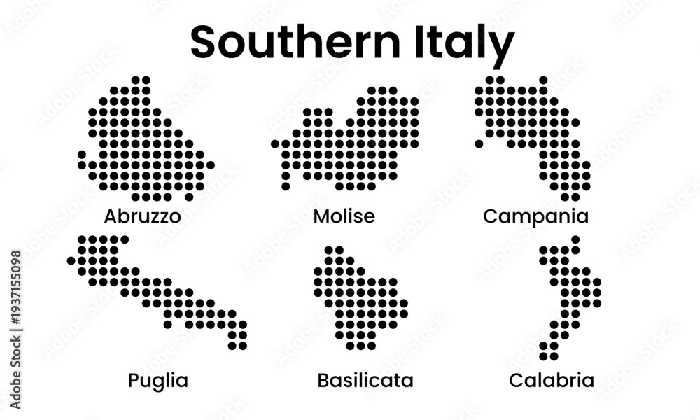 Fototapeta premium Southern Italy Regions Map Abruzzo Molise Campania Puglia Basilicata Calabria