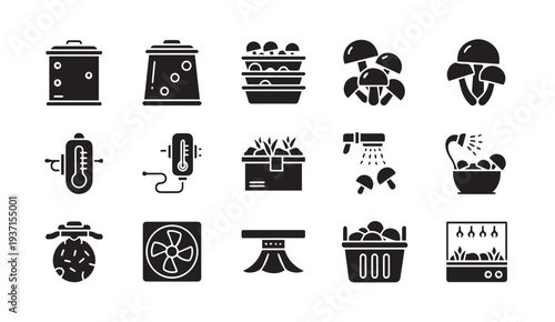 Black icons of various kitchen and cooking related objects and actions
