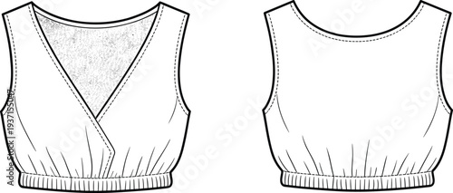 Women wrap sports bra technical fashion sketch front and back view, athletic activewear top template, fitness workout clothing line drawing illustration