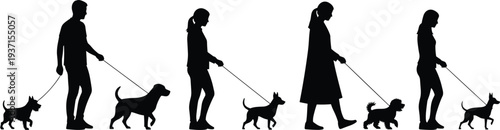 Full length side view silhouette of diverse men and women walking with different dog breeds on leashes isolated on white