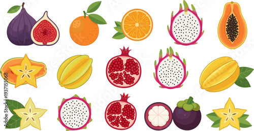 Exotic Tropical Fruit Icon Set Featuring Dragon Fruit, Papaya, Starfruit, Pomegranate, Fig, Mangosteen, Orange and Carambola for Healthy Food Design