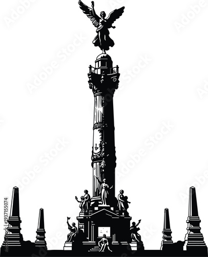 Angel of Independence monument silhouette in Mexico City, iconic Mexican landmark with victory angel statue on column isolated on light background