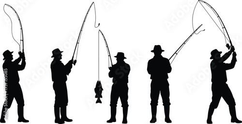 Fisherman silhouettes vector set anglers fishing with rods catching fish outdoor hobby activity isolated illustration collection