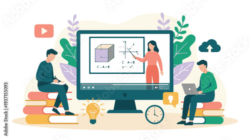 Students engaged in online education with a teacher on a computer monitor